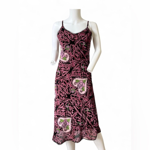 Betsey Johnson vintage rare Pink and Black Floral Slip Dress size M - Picture 1 of 7